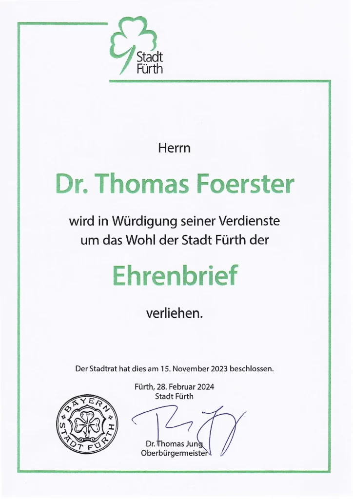 Ehrenbrief der Stadt Fürth für Rechtsanwalt Dr. Thomas Foerster